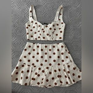 Zara two piece brown and off white polka dot set